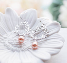 Load image into Gallery viewer, Peach Wedding Bridal Earrings Silver Laurel Wreath with Swarovski Peach Teardrop Pearl Dangle Chandelier Earrings Bridal Bridesmaid Earrings
