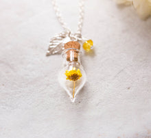 Load image into Gallery viewer, Yellow Flower miniature Terrarium Necklace November Birthday Birthstone Topaz Jewelry Silver Leaf Teardrop Glass Bottle Pendant gift for her
