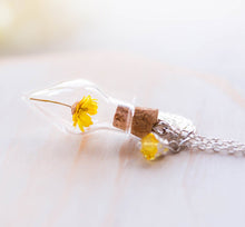 Load image into Gallery viewer, Yellow Flower miniature Terrarium Necklace November Birthday Birthstone Topaz Jewelry Silver Leaf Teardrop Glass Bottle Pendant gift for her
