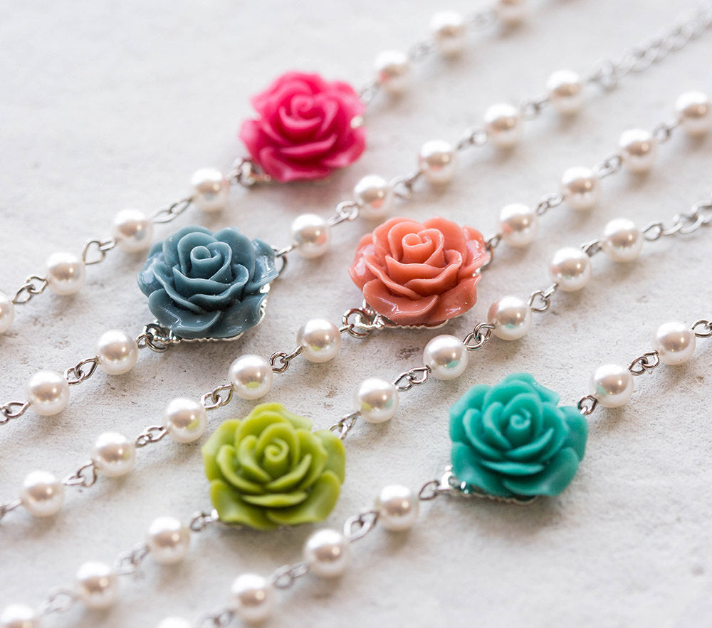 Bridesmaid Bracelet, Flower Girl Bracelet, Dusty Blue Hot Pink Fuchsia Coral Orange Green Teal Rose with Cream White Pearls Bracelet