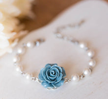 Load image into Gallery viewer, Bridesmaid Bracelet Flower Girl Bracelet Dusty Blue French Blue Rose White Pearls Bracelet Something Blue Wedding Silver Bridal Jewelry
