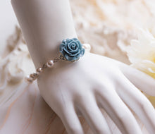 Load image into Gallery viewer, Bridesmaid Bracelet Flower Girl Bracelet Dusty Blue French Blue Rose White Pearls Bracelet Something Blue Wedding Silver Bridal Jewelry
