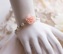 Load image into Gallery viewer, Bridesmaid Bracelet Flower Girl Bracelet Blush Pink Wedding Bridal Bracelet Soft Pink Rose White Pearls Adjustable Bracelet Wedding Jewelry
