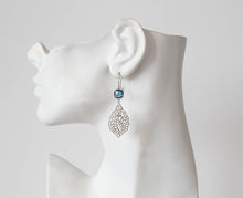 Load image into Gallery viewer, Corn Flower Blue Earrings Silver Paisley Filigree Cornflower Blue Dangle Earrings Drop Earrings Something Blue Wedding Bridesmaid Earrings
