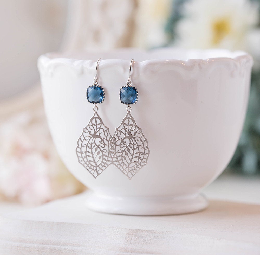 Navy Blue Earrings Silver Paisley Filigree Sapphire Earrings Navy Blue Wedding Bridal Jewelry, Bridesmaid Earrings, Bridesmaid Earrings