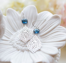 Load image into Gallery viewer, Navy Blue Earrings Silver Paisley Filigree Sapphire Earrings Navy Blue Wedding Bridal Jewelry, Bridesmaid Earrings, Bridesmaid Earrings
