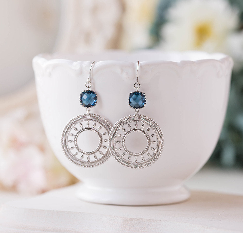 Silver Filigree Sapphire Navy Blue Earrings Silver Hoop Circle Dangle Earrings Boho Chic Navy Blue Wedding Jewelry Bridesmaid Earrings