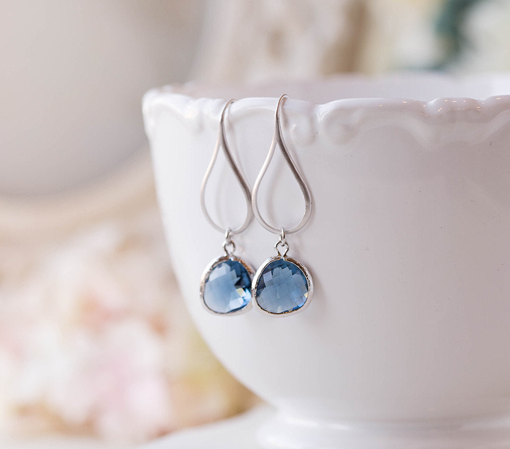 Navy Blue Earrings, Silver Dark Sapphire Dangle Earrings, Navy Blue Wedding Bridal Jewelry, Bridesmaid Earrings, Bridesmaid Gift