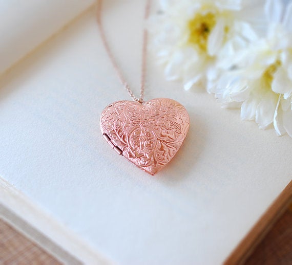 Rose Gold Heart Locket Necklace, Anniversary Gift Valentines Gift for Her daughter Wife girlfriend, Photo Locket, Heart Jewelry