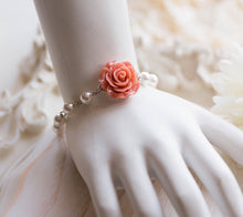 Load image into Gallery viewer, Bridesmaid Bracelet, Flower Girl Bracelet, Dusty Blue Hot Pink Fuchsia Coral Orange Green Teal Rose with Cream White Pearls Bracelet
