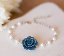 Load image into Gallery viewer, Bridesmaid Bracelet, Flower Girl Bracelet, Navy Blue Dusty Pink Blush Pink Peach Rose with Cream White Pearls Bracelet, Wedding Jewelry
