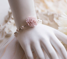 Load image into Gallery viewer, Bridesmaid Bracelet, Flower Girl Bracelet, Navy Blue Dusty Pink Blush Pink Peach Rose with Cream White Pearls Bracelet, Wedding Jewelry
