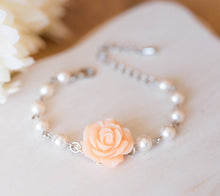 Load image into Gallery viewer, Bridesmaid Bracelet, Flower Girl Bracelet, Navy Blue Dusty Pink Blush Pink Peach Rose with Cream White Pearls Bracelet, Wedding Jewelry
