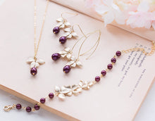 Load image into Gallery viewer, Plum Purple Pearl Earrings with Gold Orchid Flower, Plum Purple Wedding Jewelry, Bridal Earrings, Bridesmaid Earrings, Maid of Honor Gift
