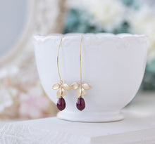 Load image into Gallery viewer, Plum Purple Pearl Gold Orchid Flower Long Dangle Earrings, Plum Wedding Bridal Earrings, Bridesmaid Earrings, Wedding Jewelry, Gift for mom
