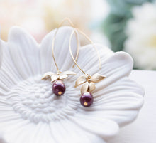 Load image into Gallery viewer, Plum Purple Pearl Gold Orchid Flower Long Dangle Earrings, Plum Wedding Bridal Earrings, Bridesmaid Earrings, Wedding Jewelry, Gift for mom
