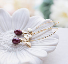 Load image into Gallery viewer, Plum Purple Pearl Gold Orchid Flower Long Dangle Earrings, Plum Wedding Bridal Earrings, Bridesmaid Earrings, Wedding Jewelry, Gift for mom
