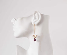 Load image into Gallery viewer, Plum Purple Pearl Gold Orchid Flower Long Dangle Earrings, Plum Wedding Bridal Earrings, Bridesmaid Earrings, Wedding Jewelry, Gift for mom
