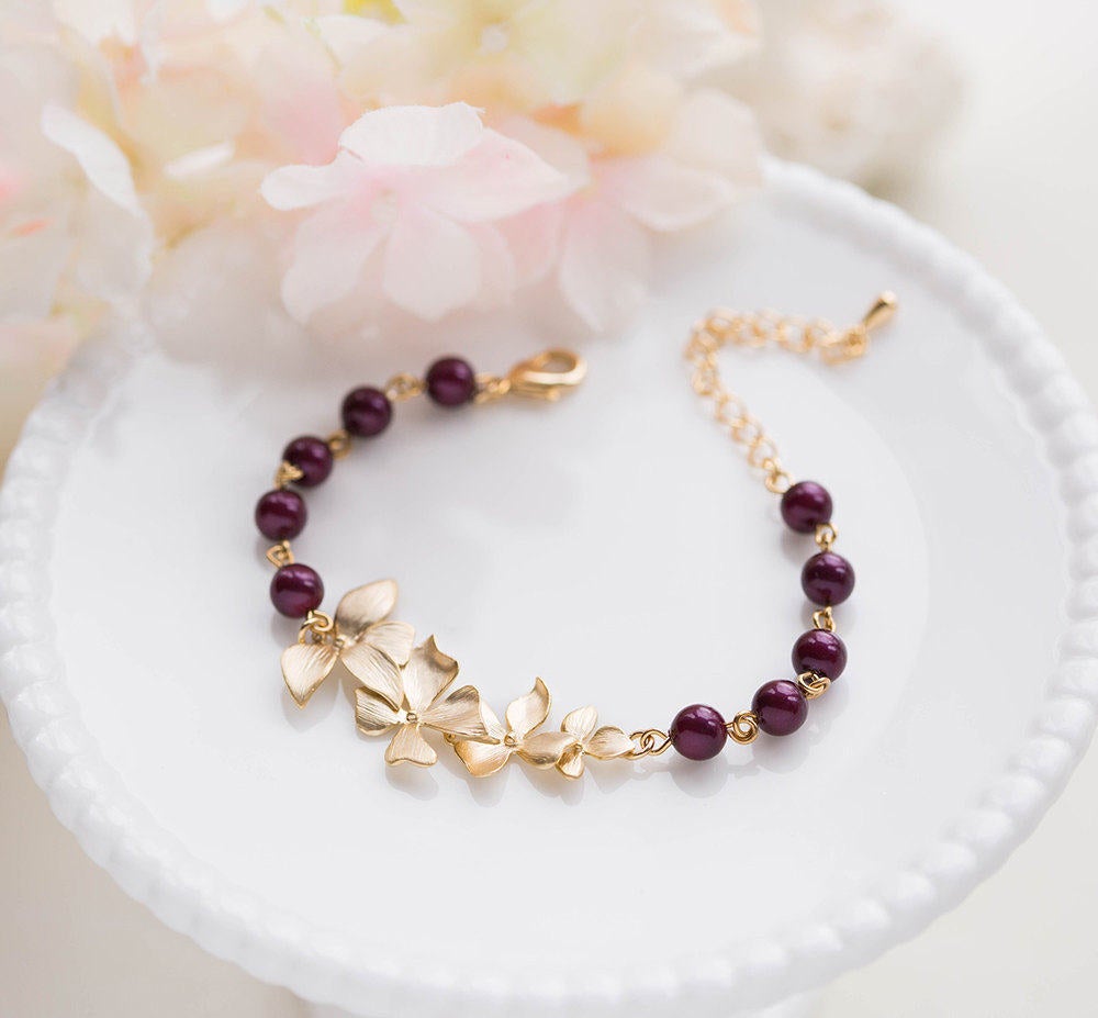 Gold Flower Plum Purple Burgundy Pearls Bracelet, Plum Purple Wedding Jewelry, Burgundy Pearl Bracelet, Burgundy Wedding, Bridesmaid Gift