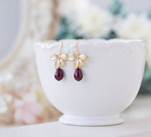 Load image into Gallery viewer, Plum Purple Pearl Earrings with Gold Orchid Flower, Plum Purple Wedding Jewelry, Bridal Earrings, Bridesmaid Earrings, Maid of Honor Gift
