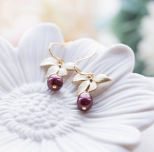 Load image into Gallery viewer, Plum Purple Pearl Earrings with Gold Orchid Flower, Plum Purple Wedding Jewelry, Bridal Earrings, Bridesmaid Earrings, Maid of Honor Gift
