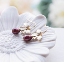 Load image into Gallery viewer, Plum Purple Pearl Earrings with Gold Orchid Flower, Plum Purple Wedding Jewelry, Bridal Earrings, Bridesmaid Earrings, Maid of Honor Gift
