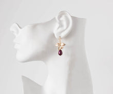 Load image into Gallery viewer, Plum Purple Pearl Earrings with Gold Orchid Flower, Plum Purple Wedding Jewelry, Bridal Earrings, Bridesmaid Earrings, Maid of Honor Gift
