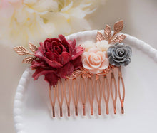 Load image into Gallery viewer, Rose Gold Dark Red Maroon Burgundy Marsala Wedding Bridal Hair Comb, Red Gray Dusty Pink Rose Flower Leaf Branch Hairpiece, Bridesmaid Gift
