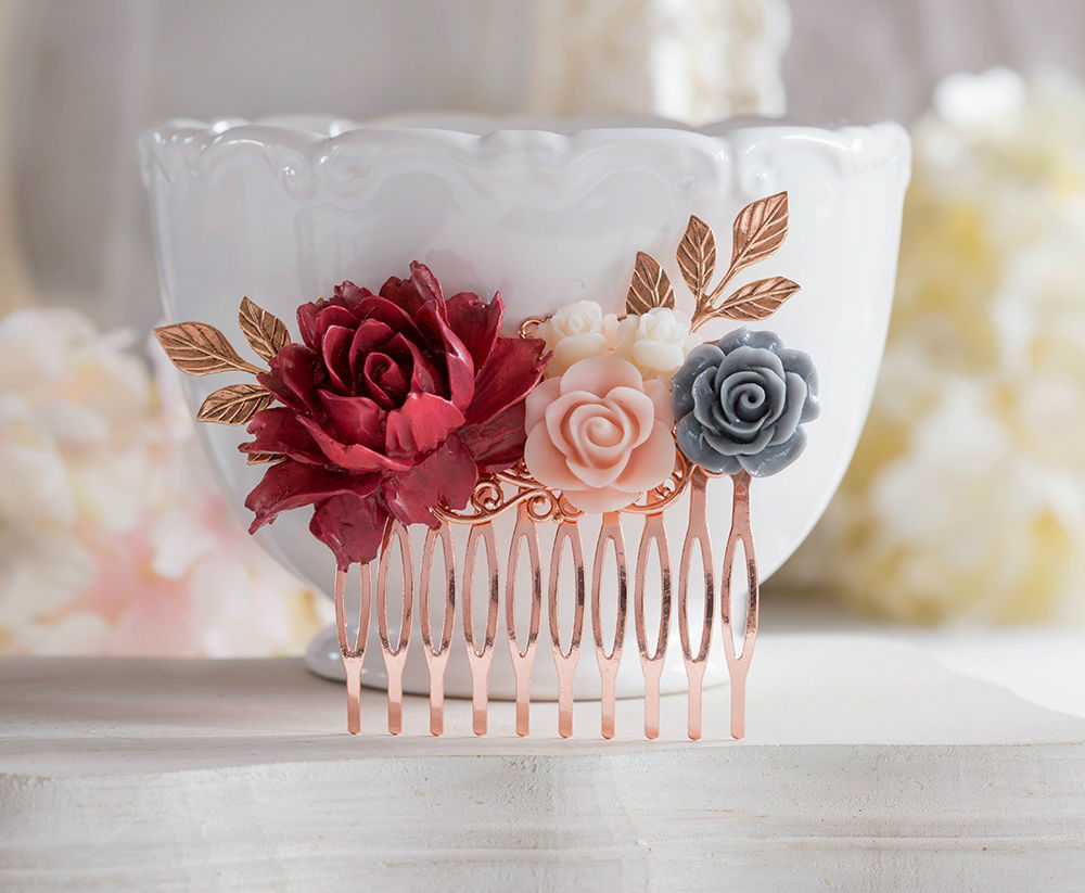 Rose Gold Dark Red Maroon Burgundy Marsala Wedding Bridal Hair Comb, Red Gray Dusty Pink Rose Flower Leaf Branch Hairpiece, Bridesmaid Gift