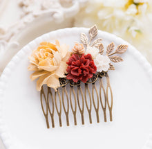 Load image into Gallery viewer, Vintage Inspired Wedding Floral Bridal Hair Comb, Red Burgundy Khaki Almond Ivory Flowers Brass Leaf Collage Hair Comb, Woodland Wedding
