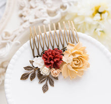 Load image into Gallery viewer, Vintage Inspired Wedding Floral Bridal Hair Comb, Red Burgundy Khaki Almond Ivory Flowers Brass Leaf Collage Hair Comb, Woodland Wedding
