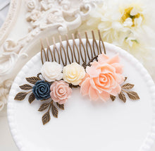 Load image into Gallery viewer, Bridal Hair Comb, Blush Pink Navy Blue Wedding Hair Comb, Leaf Branch Rose Floral Hair Piece, Country Wedding Garden Wedding Hair Accessory
