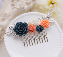 画像をギャラリービューアに読み込む, Navy Blue Coral Orange Wedding Bridal Hair Comb, Silver Bridal Hair Comb, Leaf Rose Floral Hair Piece, Country Garden Wedding Hair Accessory
