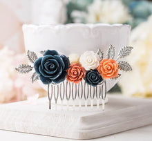 画像をギャラリービューアに読み込む, Navy Blue Coral Orange Wedding Bridal Hair Comb, Silver Bridal Hair Comb, Leaf Rose Floral Hair Piece, Country Garden Wedding Hair Accessory
