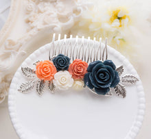 画像をギャラリービューアに読み込む, Navy Blue Coral Orange Wedding Bridal Hair Comb, Silver Bridal Hair Comb, Leaf Rose Floral Hair Piece, Country Garden Wedding Hair Accessory
