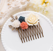 画像をギャラリービューアに読み込む, Navy Blue Coral  Orange Ivory Wedding Hair Comb, Bridal Hair Comb, Bohemian Country Wedding Rose Flower Leaf Hair Accessory, Bridesmaid Gift
