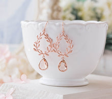 Load image into Gallery viewer, Rose Gold Earrings, Wedding Bridal Earrings, Peach Champagne Crystal Teardrop Laurel Wreath Dangle Earrings, Bridesmaid Gift
