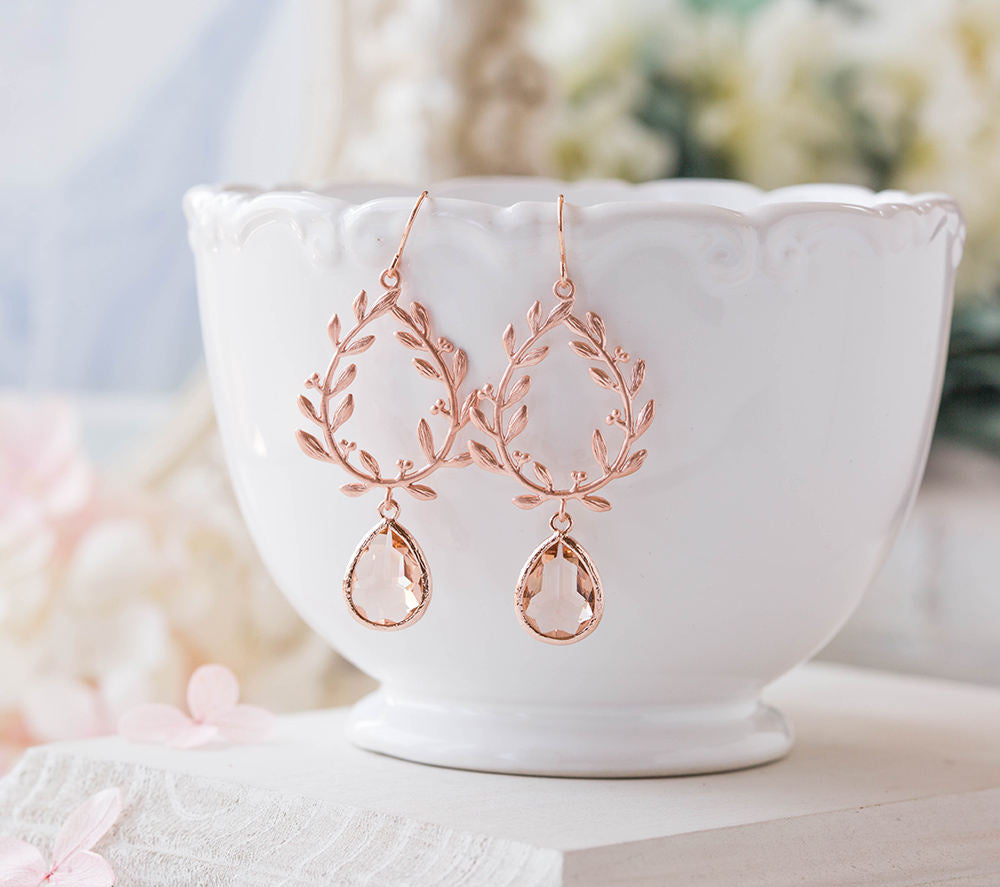 Rose Gold Earrings, Wedding Bridal Earrings, Peach Champagne Crystal Teardrop Laurel Wreath Dangle Earrings, Bridesmaid Gift