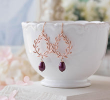 Load image into Gallery viewer, Rose Gold Earrings, Plum Burgundy Marron Wedding Earrings, Rose Gold Bridal Earrings, Bridesmaid Earrings, Laurel Wreath Plum Pearl Earrings
