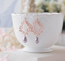 Load image into Gallery viewer, Rose Gold Lavender Purple Pearl Earrings, Rose Gold Wedding Bridal Earrings, Bridesmaid Earrings, Laurel Wreath Earrings, Rose Gold Jewelry
