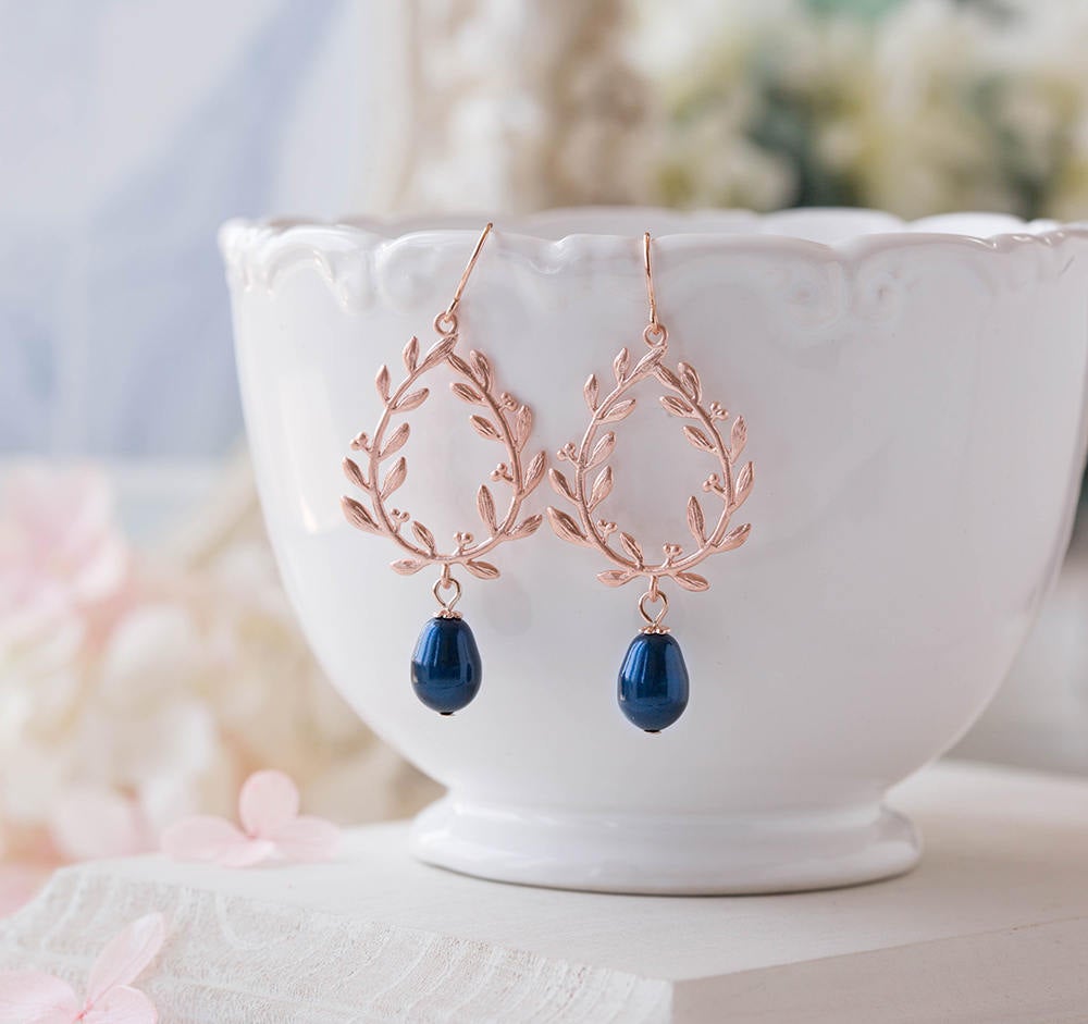 Navy Blue Teardrop Pearl Rose Gold Laurel Wreath Earrings, Navy Blue Wedding Rose Gold Wedding Earrings, Bridal Earrings, Bridesmaid Earring