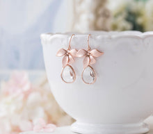 Load image into Gallery viewer, Rose Gold Clear Crystal Earrings, Rose Gold Orchid Flower Earrings, Wedding Jewelry, Bridesmaid Earrings, Bridesmaid Gift, April Birthstone
