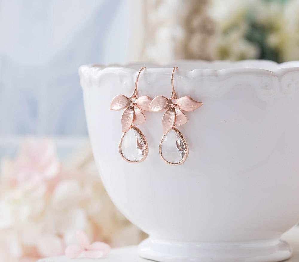 Rose Gold Clear Crystal Earrings, Rose Gold Orchid Flower Earrings, Wedding Jewelry, Bridesmaid Earrings, Bridesmaid Gift, April Birthstone