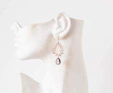 Load image into Gallery viewer, Rose Gold Amethyst Purple Crystal Earrings, Rose Gold Wedding Bridal Earrings, Purple Wedding Jewelry, Bridesmaid Gift, Laurel Wreath
