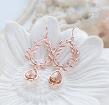 Load image into Gallery viewer, Rose Gold Earrings, Wedding Bridal Earrings, Peach Champagne Crystal Teardrop Laurel Wreath Dangle Earrings, Bridesmaid Gift
