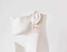 Load image into Gallery viewer, Rose Gold Bridal Earrings, Orchid Flower Cream White Teardrop Pearl Earrings, Rose Gold Wedding Jewelry, Bridesmaid Gift, Maid of Honor Gift
