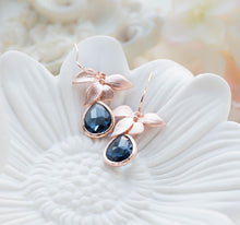 Load image into Gallery viewer, Rose Gold Navy Blue Sapphire Blue Teardrop Crystal Earrings, Rose Gold Wedding Bridal Earrings, Navy Blue Wedding Jewelry, Bridesmaid Gift
