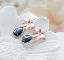 Load image into Gallery viewer, Rose Gold Navy Blue Sapphire Blue Teardrop Crystal Earrings, Rose Gold Wedding Bridal Earrings, Navy Blue Wedding Jewelry, Bridesmaid Gift
