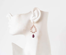 Load image into Gallery viewer, Rose Gold Earrings, Plum Burgundy Marron Wedding Earrings, Rose Gold Bridal Earrings, Bridesmaid Earrings, Laurel Wreath Plum Pearl Earrings
