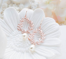 Load image into Gallery viewer, Rose Gold Bridal Earrings, Bridesmaid Earrings, Rose Gold Wedding Jewelry, Cream White Pearls Leaf Laurel Wreath Earrings, Bridesmaids Gift
